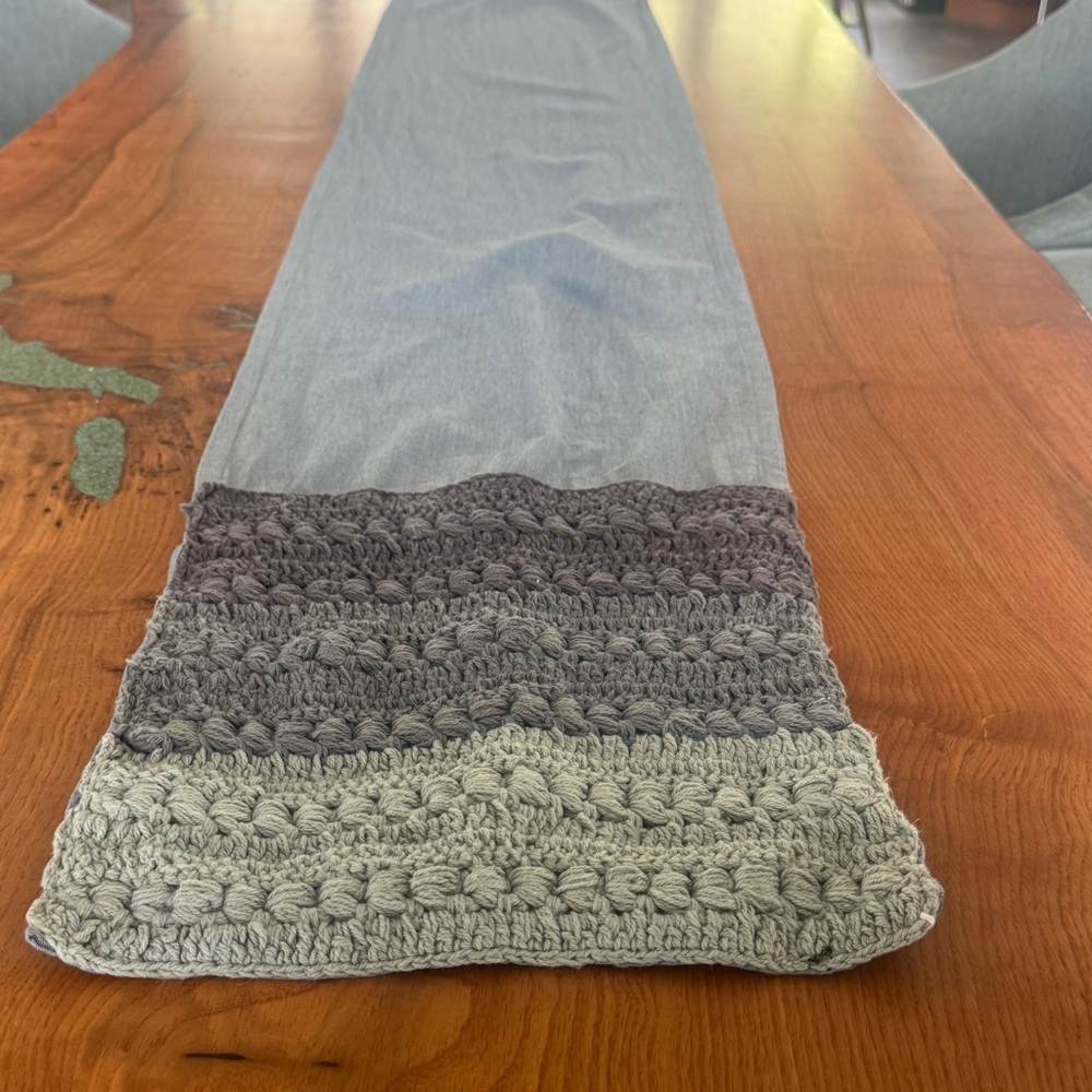 2 Gray crochet ends 100% cotton extra long table runner 87” from Home Goods